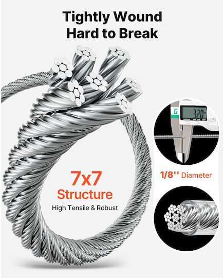 Vevor Wire Rope Kit 3.2 Mm Length 30.5 M Stainless Steel 304 Cable Breaking Strength 2.9 Kn Construction 7 X 7 Strand Steel Cable Deck Railing System Pergola Garden Lighting Series