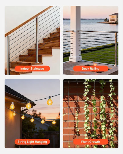 Vevor Wire Rope Kit 2.38 Mm Length 50.3 M Stainless Steel 304 Cable Breaking Strength 2 Kn Construction 7 X 7 Strand Steel Cable Deck Railing System Pergola Garden Lighting Series