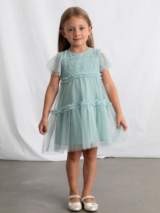 Children's Dress Short Sleeve Tulle Polka Dot Pink