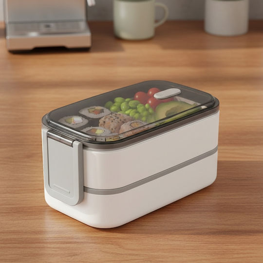 Cheffinger 2-tier Double Compartment Food Container Airtight Lid White Gray