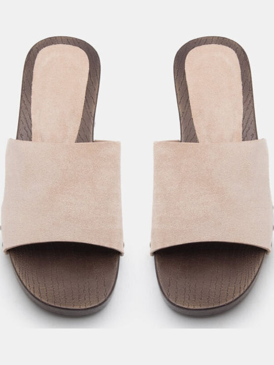 Flach Wildleder Mules in Beige Farbe