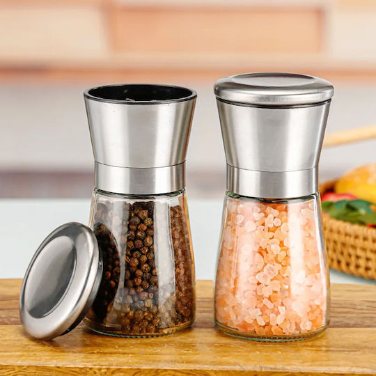 Cheffinger Salt Pepper Mills Manual Stainless Steel Ultra Durable Glass Solid Silver