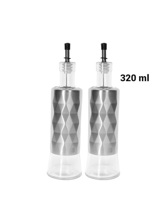 Cheffinger Sticle din Oțel Inoxidabil și Sticlă pentru Ulei și Oțet 2x320ml Suport Solid Argintiu