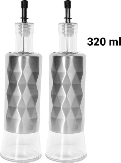 Cheffinger Stainless Steel Bottles Glass Oil Vinegar 2x320ml Solid Stand Silver