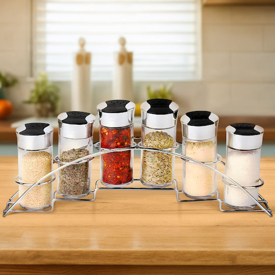 Cheffinger Set 6 Jars 90ml Stainless Steel Holder Storage Spices Black Silver Cheffinger Set 6 Jars 90ml Stainless Steel Holder Storage Spices Black Silver