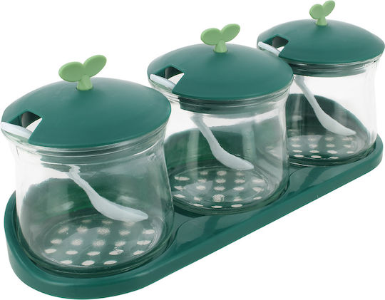 Cheffinger Set 3 Bucăți Borcane Pentru Condimente din Sticlă Capace din Plastic Suport Verde