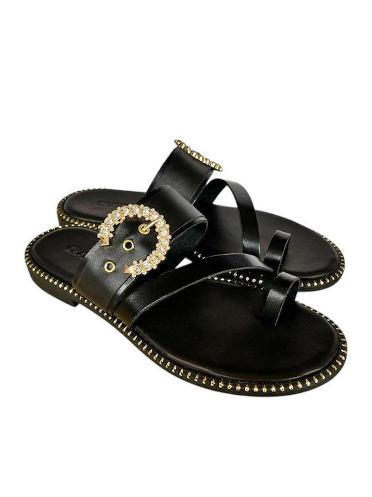 Leather Women's Flat Sandals in Black Color