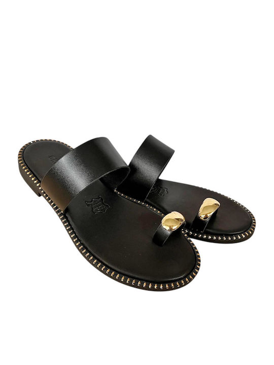 Leather Women's Flat Sandals in Black Color