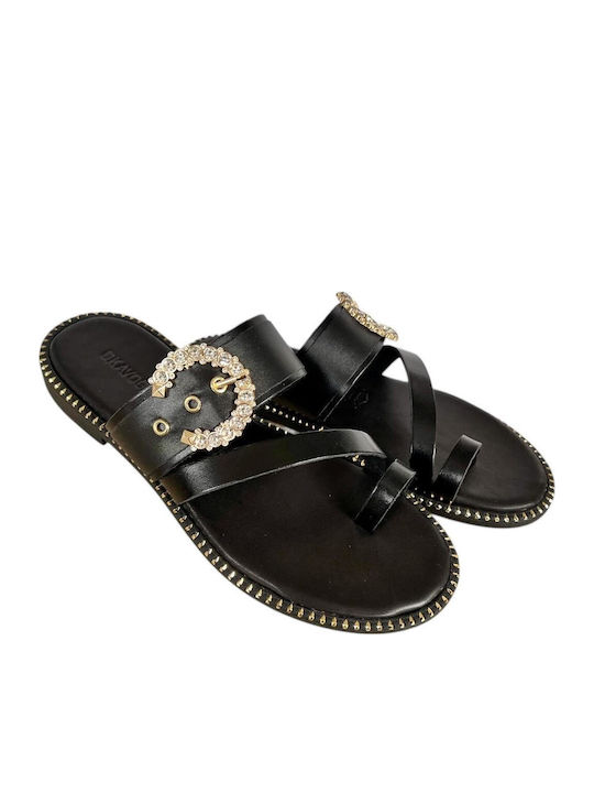 Leather Women's Flat Sandals in Black Color