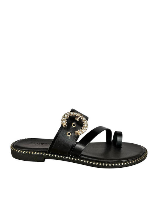Leather Women's Flat Sandals in Black Color
