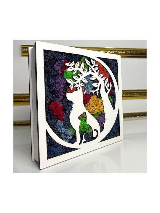 Tablou Decorativ Licheni Stabilizați Siluete Pisică Copac Viață 20x20 Cm Multicolor