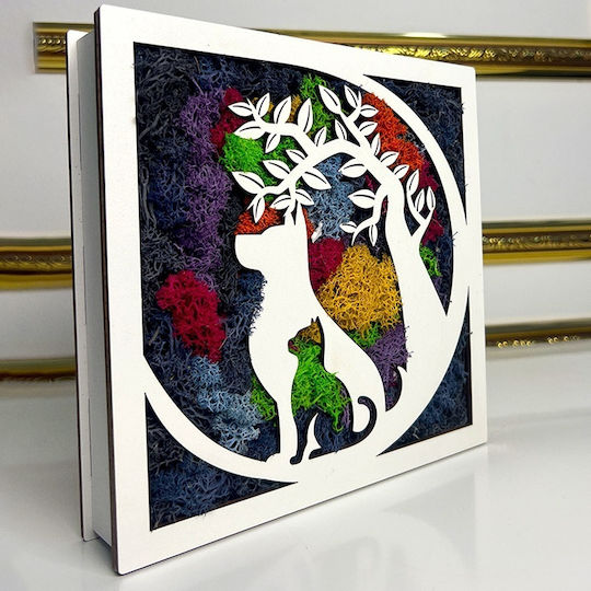 Dekoratives Bild Stabilisierte Flechten Katzensilhouetten Baum Leben 20x20 cm Mehrfarbig
