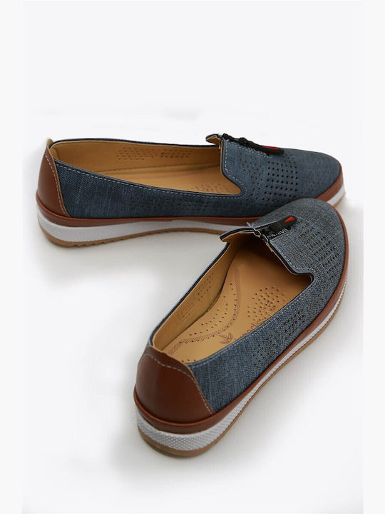 Leather Women's Moccasins in Navy Blue Color