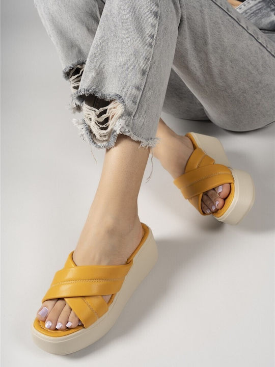 Women's Leather Platform Wedge Sandals Yellow