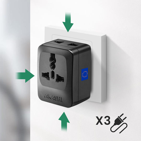 Akashi Travel Adapter Type C Plug Europe China Brazil 3 Outlets Black