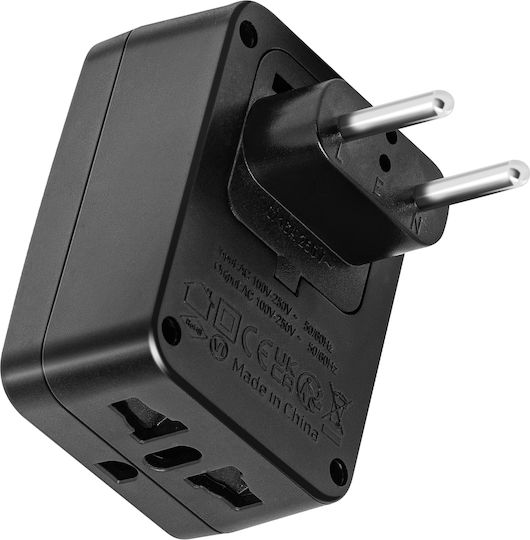 Akashi Travel Adapter Type C Plug Europe China Brazil 3 Outlets Black