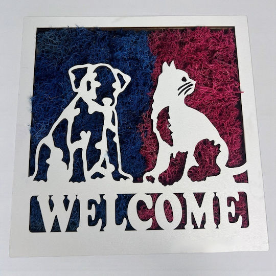 Decorative Welcome Painting Stabilized Moss Animal Silhouettes 20x20 Cm Blue – Fuchsia