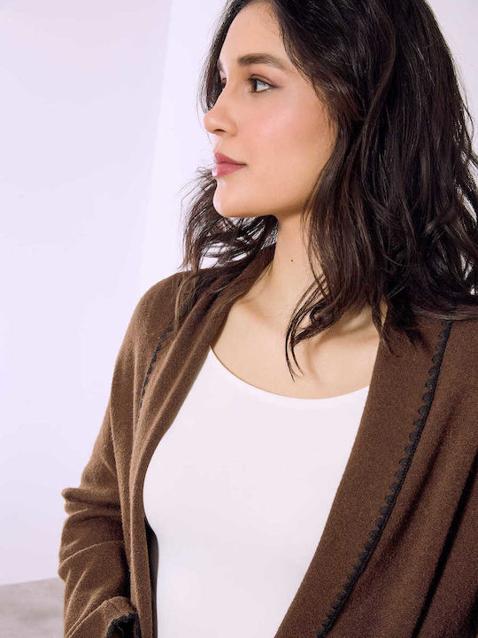 Celestino Women's Cardigan Embroidered Detail Loose Fit Brown