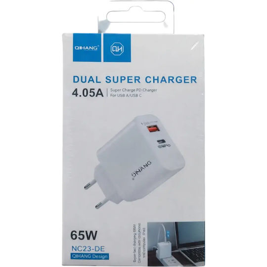 QIHANG Charger Without Cable with USB-A Port and USB-C Port 65W Power Delivery / Quick Charge 3.0 Whites (NC23-DE)