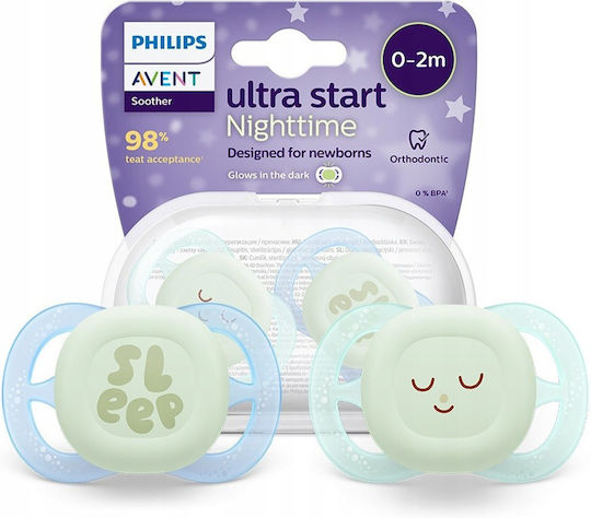 Philips Ultra Start Orthodontic Pacifiers Silicone Night with Case for 0-2 months 2pcs