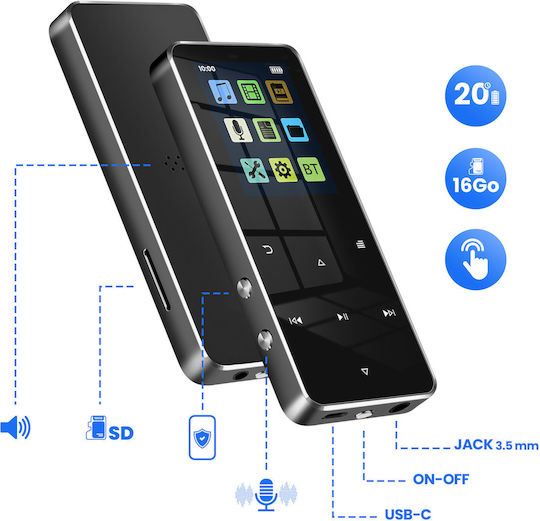 Avizar 16 Gb Touchscreen Mp3 Player Music Video Bluetooth 20-hour Battery Life Black