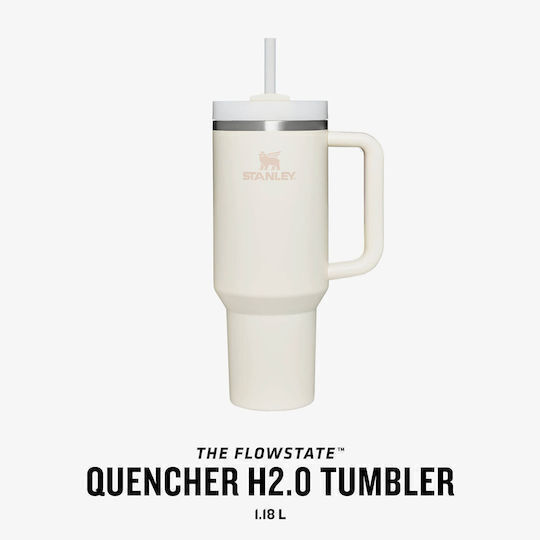 Stanley Quencher H2.0 FlowState Becher mit Griff Θερμός Rostfreier Stahl BPA-frei 1,18 l Beige mit Stroh und Handgriff