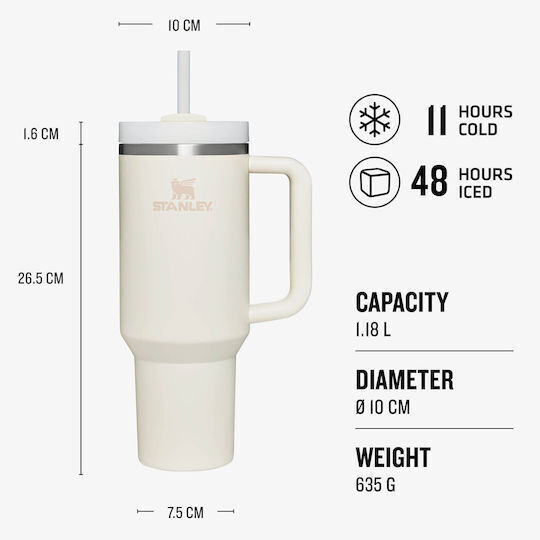 Stanley Quencher H2.0 FlowState Becher mit Griff Θερμός Rostfreier Stahl BPA-frei 1,18 l Beige mit Stroh und Handgriff