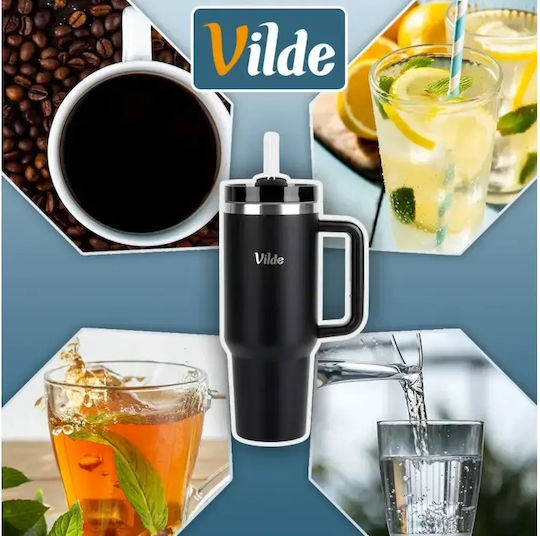 Vilde Handled Tumbler Θερμός Ανοξείδωτο 1.2lt Μαύρο με Καλαμάκι και Λαβή