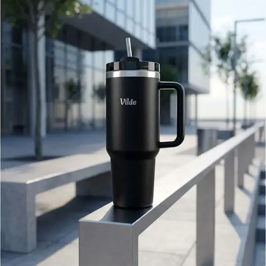 Vilde Handled Tumbler Θερμός Ανοξείδωτο 1.2lt Μαύρο με Καλαμάκι και Λαβή