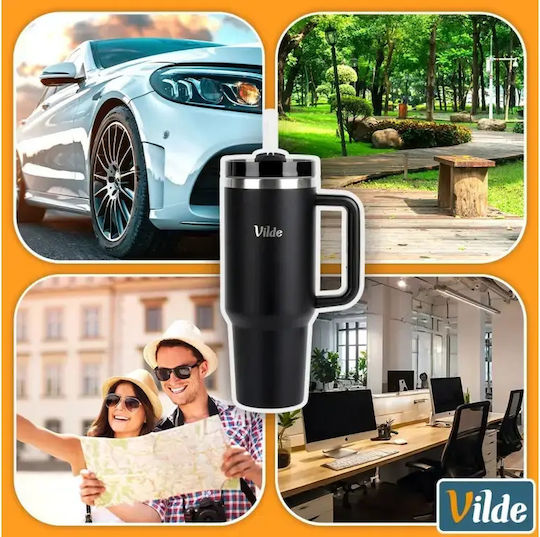 Vilde Handled Tumbler Θερμός Ανοξείδωτο 1.2lt Μαύρο με Καλαμάκι και Λαβή