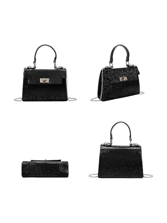 Avizar Women's Evening Handbag Sparkling Mesh Effect Metal Chain Black