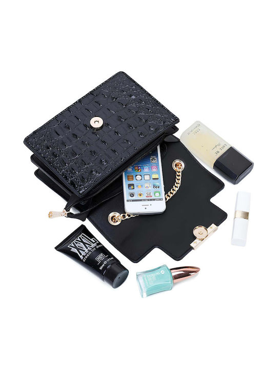 Avizar Damen Schultertasche Glänzendes Kroko-Effekt Druckknopfverschluss Schwarz