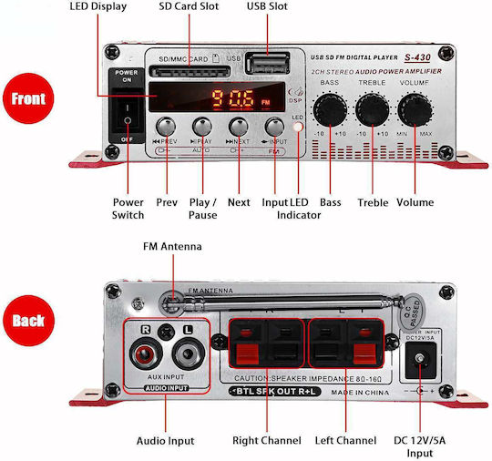 Mini Car Amplifier Stereo 12v 40w Fm Radio Usb Sd Card Reader Remote Control
