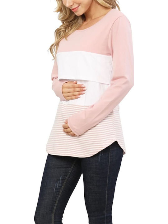 Pink-White Striped Long Sleeve Cotton Maternity Nursing Top Queen Mother Casual Regular Fit