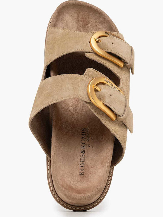 Δερμάτινα Γυναικεία Σανδάλια Flatforms Μπεζ