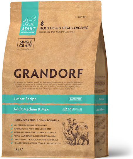 Grandorf Holistic & Hypoallergenic 10kg Dry Food Gluten-Free for Adult Medium & Large Breed Dogs with Turkey, Lamb, Duck and Rabbit