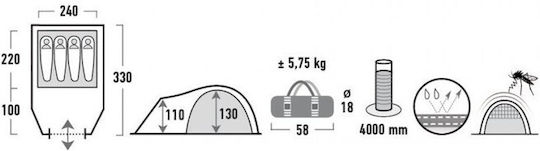 High Peak Talos 4 Winter Camping Tent Tunnel Gray with Double Cloth for 4 People Waterproof 4000mm 330x240x130cm