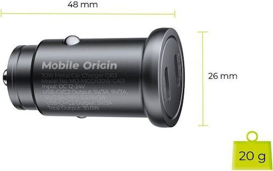 Mobile Origin Φορτιστής Αυτοκινήτου 30W 3A Γρήγορης Φόρτισης με Θύρες: 2xType-C Μαύρο Χρώμα