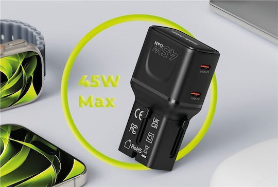 Mobile Origin Φορτιστής Χωρίς Καλώδιο GaN με 2 Θύρες USB-C 45W Power Delivery Μαύρος (PW26)