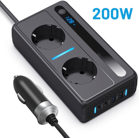 Invertoare De Putere Auto 12/24 V Tensiune De Ieșire 220v Putere 200w 2 Prize Eu 2 Porturi Usb 2 Porturi Type-c Afișaj Digital Protecție La Temperatură Conectat La Bricheta Negru