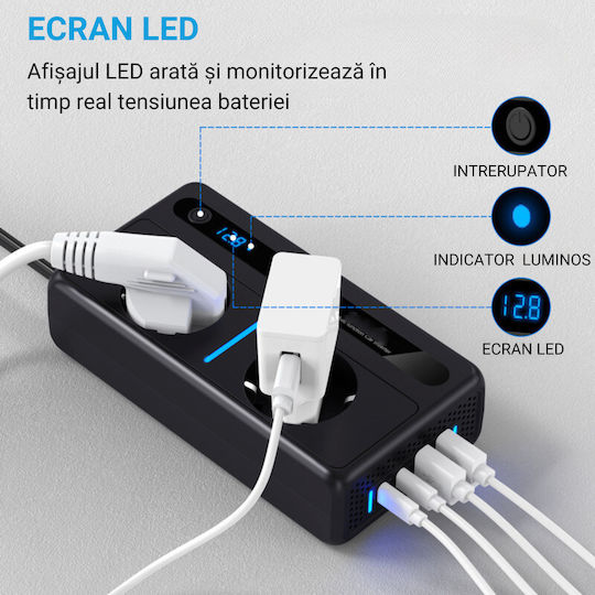 Invertoare De Putere Auto 12/24 V Tensiune De Ieșire 220v Putere 200w 2 Prize Eu 2 Porturi Usb 2 Porturi Type-c Afișaj Digital Protecție La Temperatură Conectat La Bricheta Negru