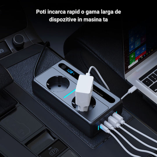 Invertoare De Putere Auto 12/24 V Tensiune De Ieșire 220v Putere 200w 2 Prize Eu 2 Porturi Usb 2 Porturi Type-c Afișaj Digital Protecție La Temperatură Conectat La Bricheta Negru