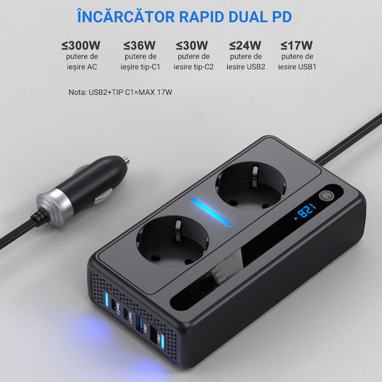 Invertor De Putere Auto 12/24 V Tensiune De Ieșire 220v Putere 300w 2 Prize Eu 2 Porturi Usb Qc3.0 2 Porturi Type-c 30w Încărcare Rapidă Afișaj Digital Conexiune Bricheta Protecție La Temperatură Negru
