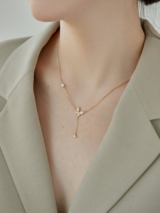 By Queen Κολιέ Butterfly Μαργαριτάρι Zircon Ροζ Gold By Queen Κολιέ Butterfly Μαργαριτάρι Zircon Ροζ Gold