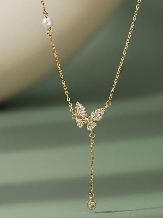 By Queen Κολιέ Butterfly Μαργαριτάρι Zircon Χρυσό