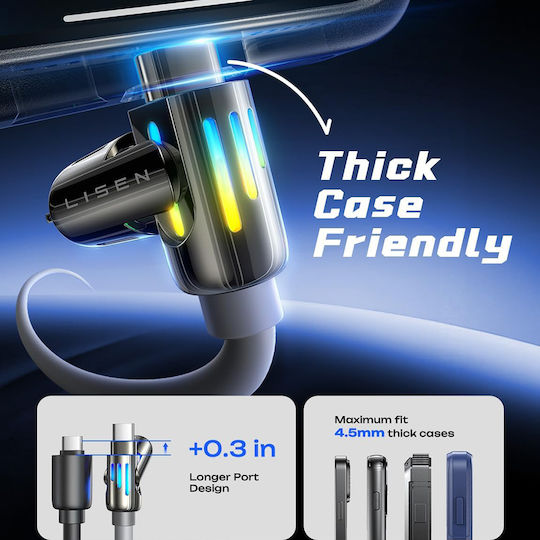 Lisen LED USB to Type-C / Lightning 2m 5A Cable Gray