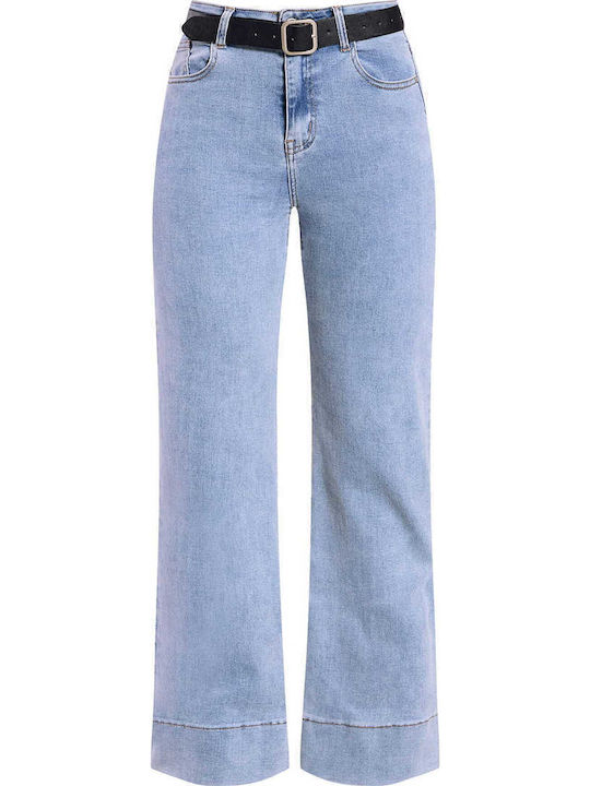 Celestino Pantaloni Dama Denim High Rise Cu Curea Albastru Deschis