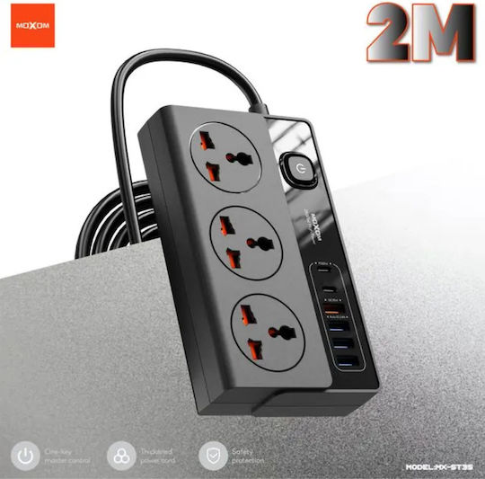 Moxom Steckdosenleiste mit Überspannungsschutz 9 Positionen mit 4 USB-A, USB-C, Schalter und Kabel 2m