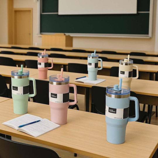 Excellent Houseware Handled Tumbler Thermos Bottle Plastic 1.2lt Light Blue With Straw And Handle