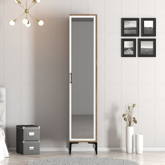 Narrow Wardrobe 1 Door with Mirror Interior Organization Walnut White 40×47.5×201.4 cm